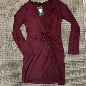 Fashion Nova Red Bodycon Midi Dress with Plunge Neckline